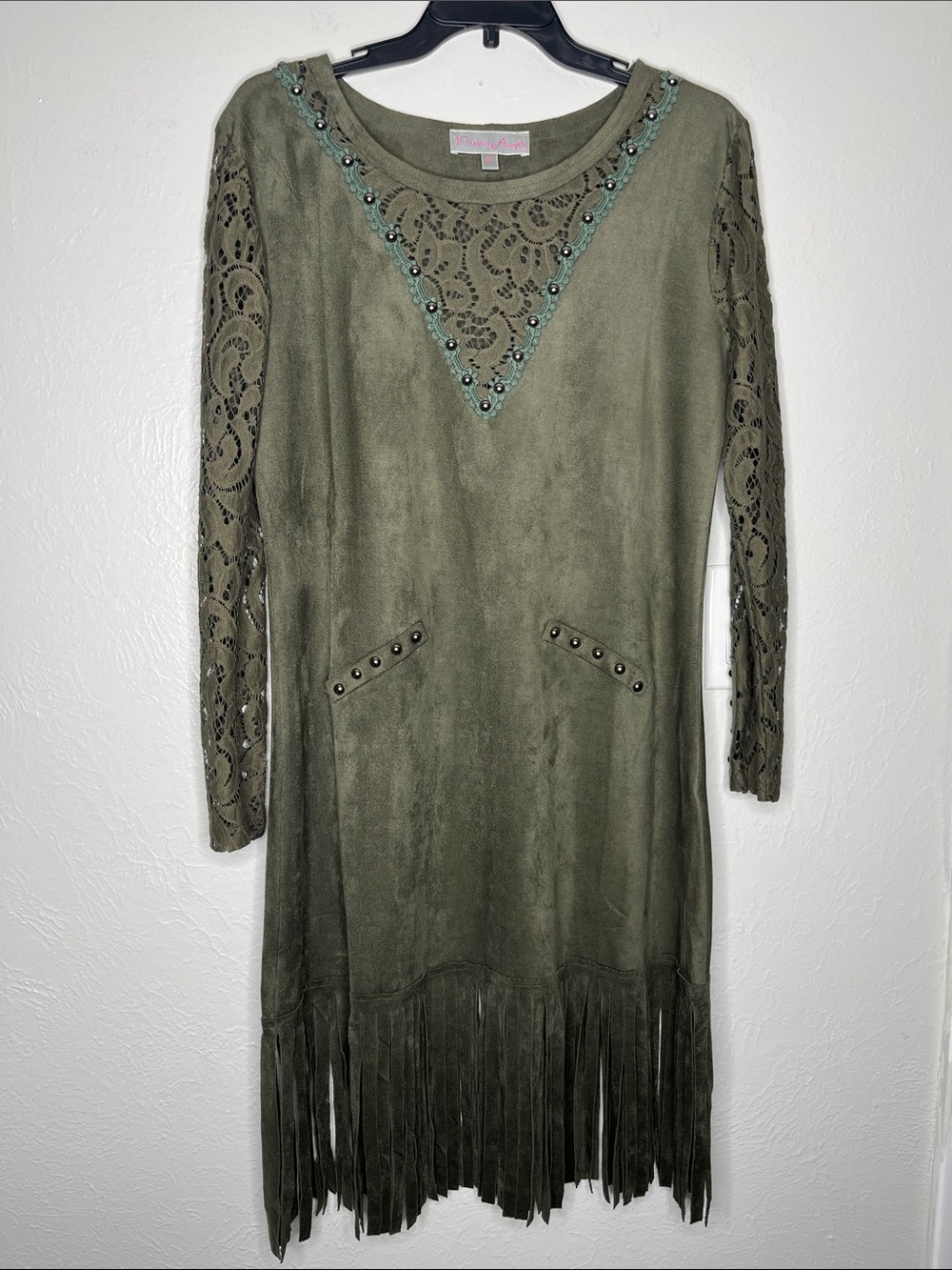 Faux Suede Olive Green Midi Dress Fringe Lace Details - Size M Western Boho